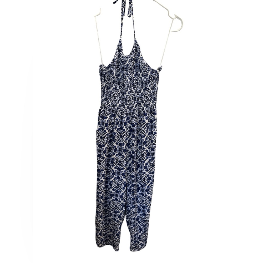 Patrons of Peace Boho Print‎ Halter Jumpsuit – Blue & White, Size S